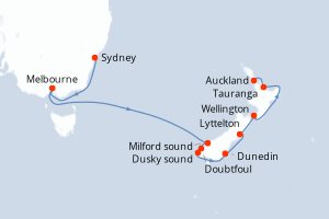 Carte itinéraire croisière Australie, Nouvelle-Zélande - 11 jours au départ de Sydney - Australie Nouvelle Zélande