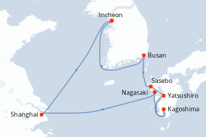Carte itinéraire croisière Corée du Sud, Japon, Chine - 11 jours au départ de Incheon - Asie