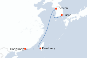Carte itinéraire croisière Corée du Sud, Taïwan, Chine - 8 jours au départ de Hong Kong - Asie
