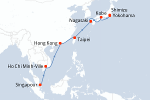 Carte itinéraire croisière Singapour, Vietnam, Chine, Taïwan, Japon - 14 jours au départ de Singapour - Asie