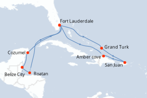 Carte itinéraire croisière Eastern/Western Caribbean Adventurer Hol - 14 jours au départ de Fort Lauderdale - Caraïbes Bahamas