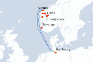 Carte itinéraire croisière Allemagne, Norvège - 7 jours au départ de Hambourg - Europe du Nord