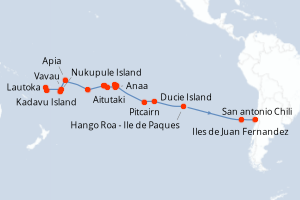 Carte itinéraire croisière Fidji (Îles), Tonga, Samoa, Îles Cook, France, Royaume-Uni, Chili - 32 jours au départ de Lautoka - Amérique du Sud