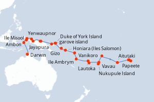 Carte itinéraire croisière Australie, Indonésie, Papouasie-Nouvelle-Guinée, Îles Salomon, Vanuatu, Fidji (Îles), Tonga, Samoa, Îles Cook, France - 35 jours au départ de Darwin - Tahiti
