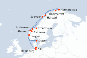 Carte itinéraire croisière Allemagne, Norvège, Danemark - 15 jours au départ de Hambourg - Europe du Nord