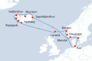 Carte itinéraire croisière Allemagne, Norvège, Royaume-Uni, Islande, Suède - 19 jours au départ de Kiel - Europe du Nord