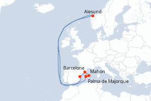 Carte itinéraire croisière Espagne, Norvège - 5 jours au départ de Palma de Majorque - Iles Baleares