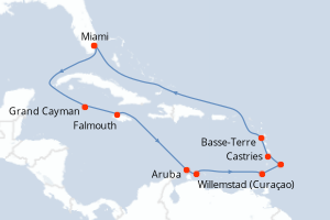 Carte itinéraire croisière États-Unis, Caïmans (Îles), Jamaïque, Pays-Bas, Grenade, Barbade, Sainte-Lucie, France - 14 jours au départ de Miami - Caraïbes Bahamas