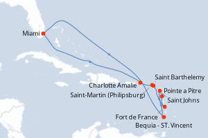 Carte itinéraire croisière États-Unis, Royaume-Uni, Pays-Bas, France, Antigua-et-Barbuda, Saint Vincent-et-les-Grenadines - 12 jours au départ de Miami - Caraïbes Bahamas