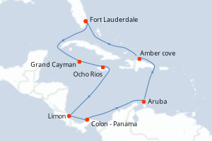 Carte itinéraire croisière Southern Caribbean with Panama - 12 jours au départ de Fort Lauderdale - Caraïbes Bahamas