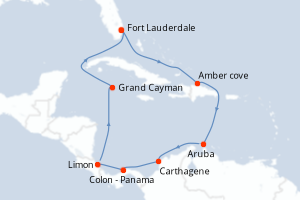 Carte itinéraire croisière Southern Caribbean with Panama - 12 jours au départ de Fort Lauderdale - Caraïbes Bahamas