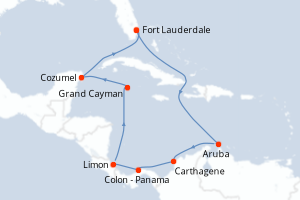 Carte itinéraire croisière Southern Caribbean with Panama - 12 jours au départ de Fort Lauderdale - Caraïbes Bahamas