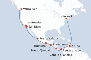 Carte itinéraire croisière Panama Canal et Pacific Coast - 23 jours au départ de Vancouver - Amérique du Nord