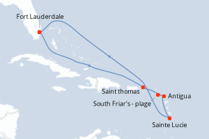 Carte itinéraire croisière Southern Caribbean with St. Lucia - 10 jours au départ de Fort Lauderdale - Caraïbes Bahamas