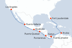 Carte itinéraire croisière Panama Canal - Ocean to Ocean - 16 jours au départ de Los Angeles - Caraïbes Bahamas