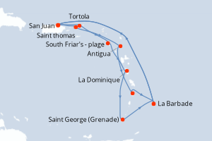 Carte itinéraire croisière Southern Caribbean Adventurer - 14 jours au départ de San Juan - Caraïbes Bahamas