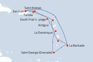 Carte itinéraire croisière Southern Caribbean Adventurer - 14 jours au départ de San Juan - Caraïbes Bahamas