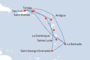 Carte itinéraire croisière Southern Caribbean Adventurer - 14 jours au départ de San Juan - Caraïbes Bahamas