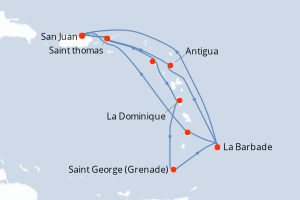 Carte itinéraire croisière Southern Caribbean Adventurer - 14 jours au départ de San Juan - Caraïbes Bahamas
