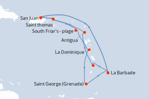 Carte itinéraire croisière Southern Caribbean Adventurer - 14 jours au départ de San Juan - Caraïbes Bahamas