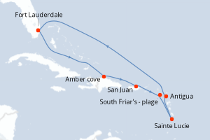 Carte itinéraire croisière Southern Caribbean with St. Lucia - 10 jours au départ de Fort Lauderdale - Caraïbes Bahamas
