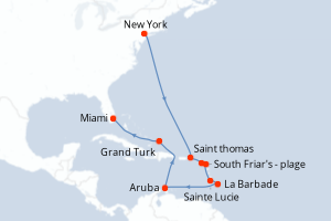 Carte itinéraire croisière Southern Caribbean Islander - 14 jours au départ de New York - Caraïbes Bahamas
