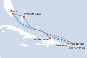 Carte itinéraire croisière Eastern Caribbean Adventurer - 15 jours au départ de Miami - Caraïbes Bahamas