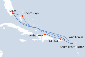 Carte itinéraire croisière Eastern Caribbean Adventurer - 14 jours au départ de Miami - Caraïbes Bahamas