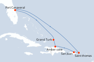 Carte itinéraire croisière Eastern Caribbean With St. Thomas - 9 jours au départ de Port Canaveral - Caraïbes Bahamas