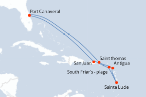 Carte itinéraire croisière Southern Caribbean With St. Lucia - 10 jours au départ de Port Canaveral - Caraïbes Bahamas