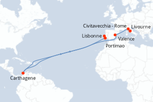Carte itinéraire croisière Portugal, Colombie, Espagne, Italie - 7 jours au départ de Civitavecchia - Rome - Atlantique