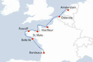 Carte itinéraire croisière Pays-Bas, Belgique, France - 7 jours au départ de Amsterdam - Garonne Dordogne