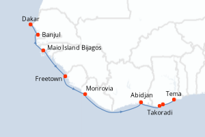 Carte itinéraire croisière Sénégal, Royaume-Uni, Guinée, Sierra Leon, Côte d Ivoire, Afrique du Sud, Ghana - 13 jours au départ de Dakar - Afrique Centrale