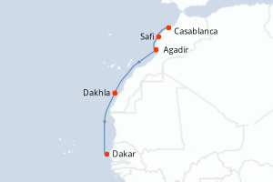 Carte itinéraire croisière Maroc, Sénégal - 7 jours au départ de Casablanca - Ouest Africain