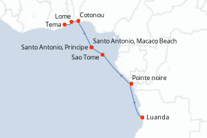 Carte itinéraire croisière Ghana, Togo, Benin, Guinée, Sao Tomé et Principe, République du Congo, Angola - 13 jours au départ de Tema - Afrique du Sud