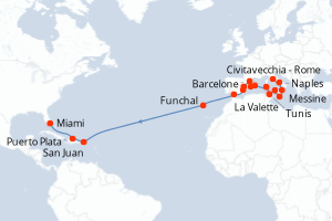 Carte itinéraire croisière Italie, Malte, Tunisie, Espagne, Portugal, Porto Rico, République Dominicaine, États-Unis - 25 jours au départ de Civitavecchia - Rome - Transatlantique