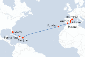 Carte itinéraire croisière Espagne, Portugal, Porto Rico, République Dominicaine, États-Unis - 15 jours au départ de Barcelone - Transatlantique