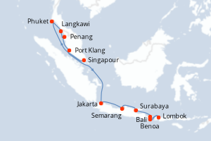 Carte itinéraire croisière Singapour, Thaïlande, Malaisie, Indonésie - 14 jours au départ de Singapour - Asie
