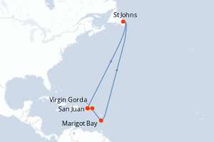 Carte itinéraire croisière Porto Rico, Royaume-Uni, Sainte-Lucie, Canada - 4 jours au départ de San Juan - Caraïbes Bahamas