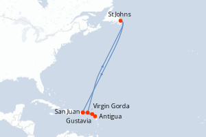 Carte itinéraire croisière Porto Rico, Antigua-et-Barbuda, Royaume-Uni, Canada - 6 jours au départ de San Juan - Caraïbes Bahamas