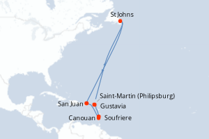 Carte itinéraire croisière Porto Rico, Saint Vincent-et-les-Grenadines, Sainte-Lucie, Royaume-Uni, Pays-Bas, Canada - 7 jours au départ de San Juan - Caraïbes Bahamas