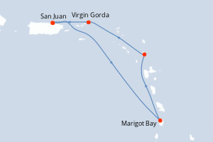 Carte itinéraire croisière Porto Rico, Sainte-Lucie, Antigua-et-Barbuda, Royaume-Uni - 4 jours au départ de San Juan - Caraïbes Bahamas