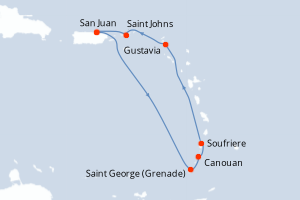 Carte itinéraire croisière Porto Rico, Grenade, Saint Vincent-et-les-Grenadines, Sainte-Lucie, Royaume-Uni, États-Unis - 7 jours au départ de San Juan - Caraïbes Bahamas