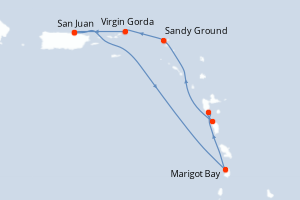 Carte itinéraire croisière Porto Rico, Sainte-Lucie, France, Dominique, Royaume-Uni - 7 jours au départ de San Juan - Caraïbes Bahamas
