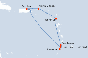 Carte itinéraire croisière Porto Rico, Saint Vincent-et-les-Grenadines, Sainte-Lucie, Antigua-et-Barbuda, Royaume-Uni - 7 jours au départ de San Juan - Caraïbes Bahamas