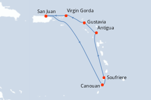 Carte itinéraire croisière Porto Rico, Saint Vincent-et-les-Grenadines, Sainte-Lucie, Antigua-et-Barbuda, Royaume-Uni - 7 jours au départ de San Juan - Caraïbes Bahamas