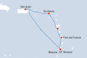 Carte itinéraire croisière Porto Rico, Saint Vincent-et-les-Grenadines, France, Royaume-Uni - 6 jours au départ de San Juan - Caraïbes Bahamas
