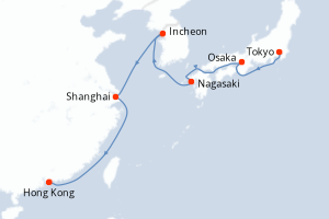 Carte itinéraire croisière Japon, Corée du Sud, Chine - 12 jours au départ de Tokyo - Asie