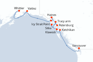 Carte itinéraire croisière États-Unis, Canada - 11 jours au départ de Whittier - Alaska