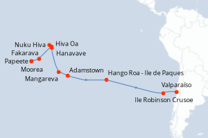 Carte itinéraire croisière Chili, Royaume-Uni, France - 23 jours au départ de Papeete - Amérique du Sud